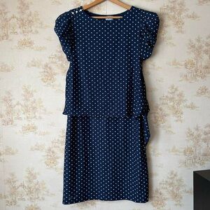Vintage 70s 80s navy blue white polka dot puff sleeve sheath overlay midi dress